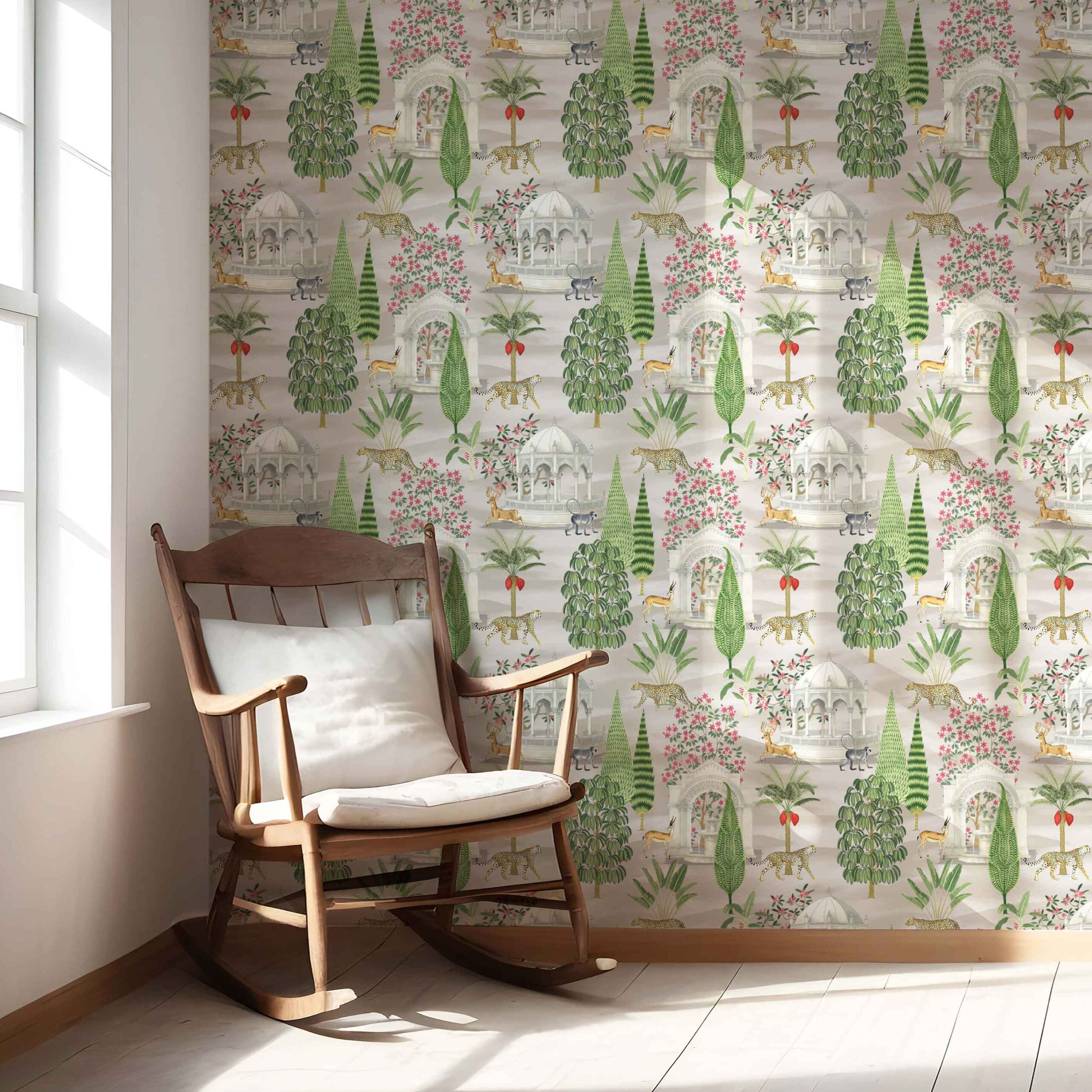Vintage Heritage/ Ethnic Chinoiserie Nursery Wallpaper Sample (White/ Green/ Pink/ Tan/ Red)