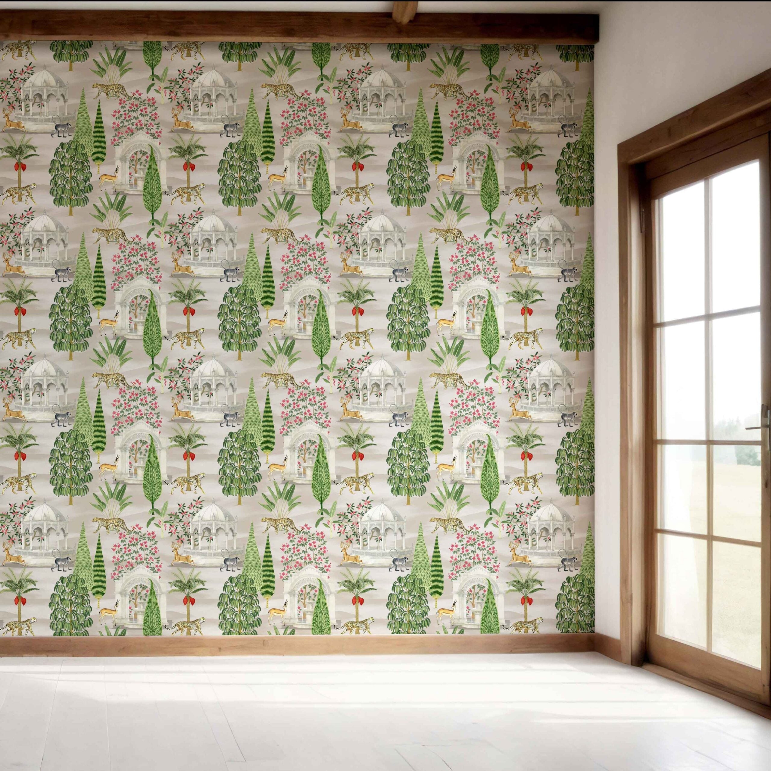 Vintage Heritage/ Ethnic Chinoiserie Bedroom Wallpaper Sample (White/ Green/ Pink/ Tan/ Red)