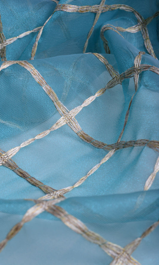 Embroidered Check Sheer Drapes (Blue and Gold)