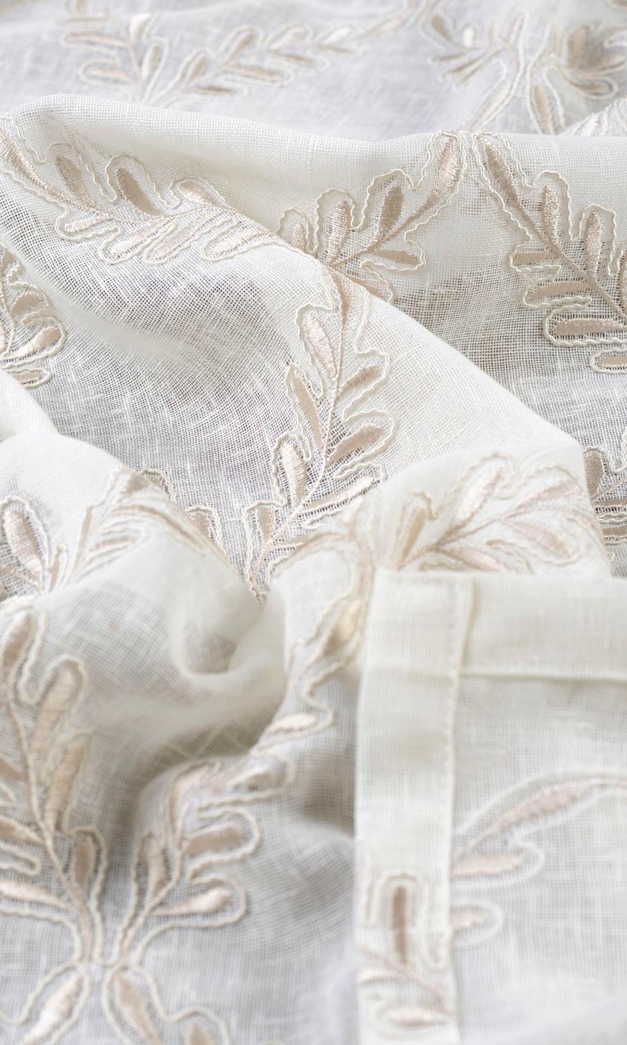 Sheer Floral Embroidered Home Textile Fabric Material Sample (White/ Beige)