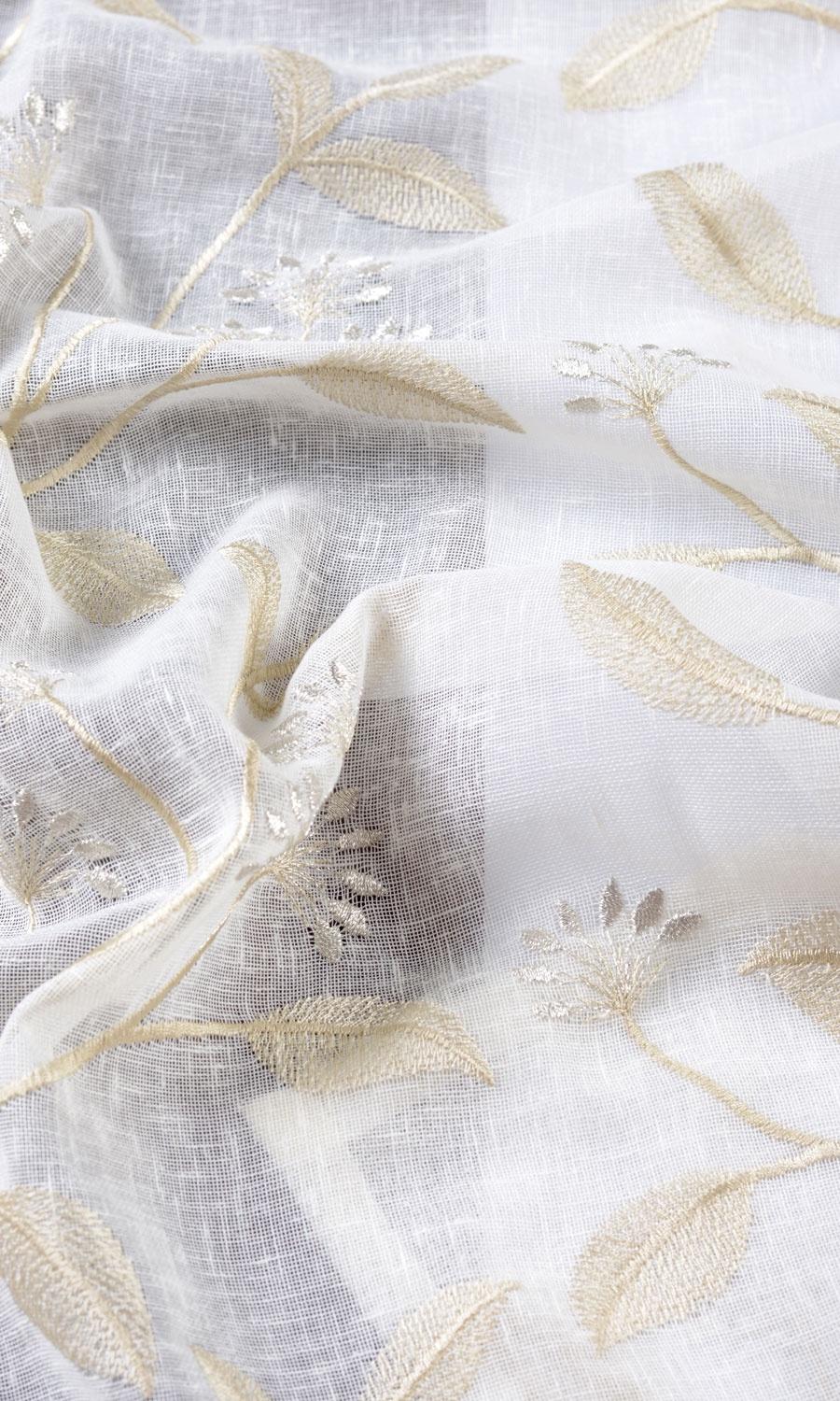 Sheer Floral Embroidered Fabric By the Yard for Curtains & Drapes (White/ Beige)