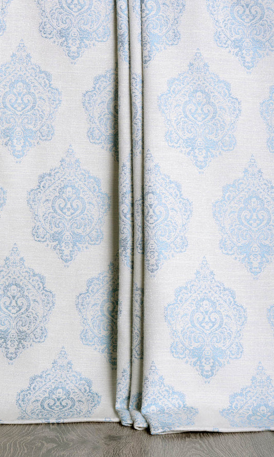 Damask Poly-Cotton Drapes (White/ Blue)