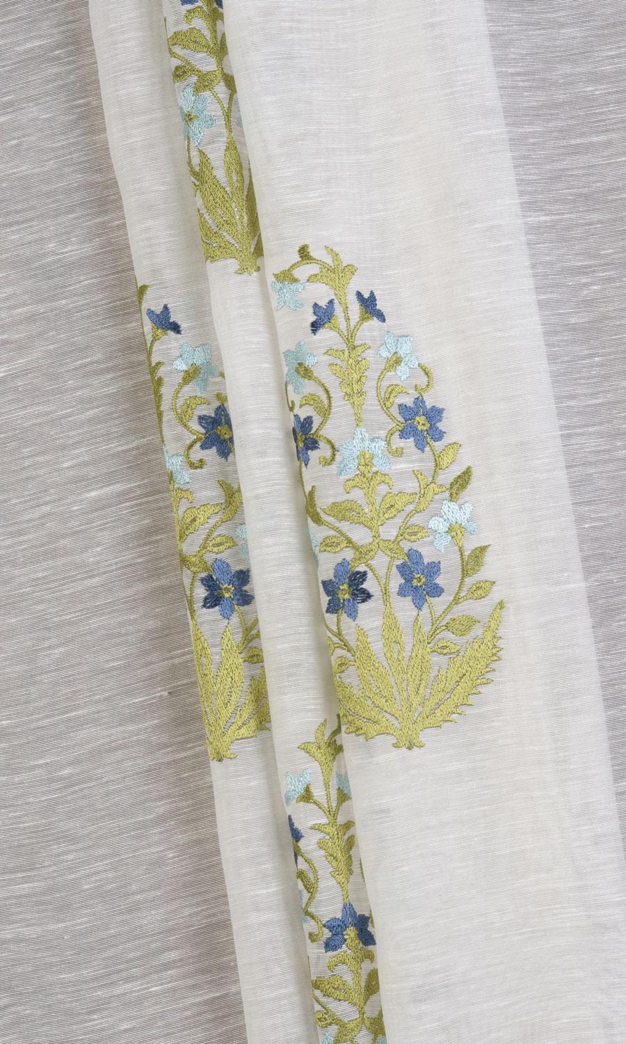 Sheer Floral Paisley Window Treatments Fabric Sample (White/ Green/ Blue)