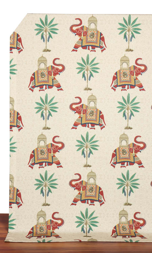 Elephant Print Cotton Drapes (Ivory/ Red/ Green)